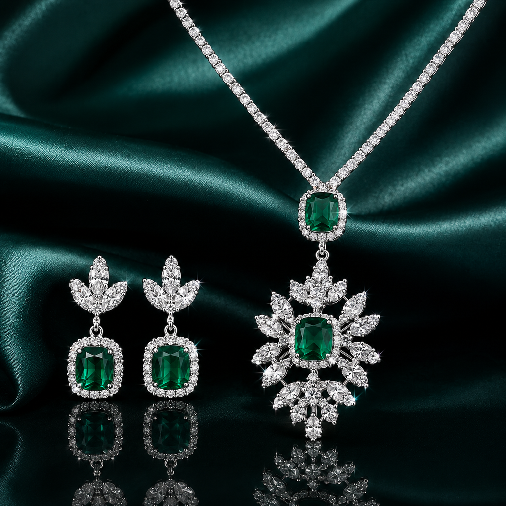 Emerald green CZ floral pendant necklace and drop earrings set in silver-tone finish with cushion-cut green cubic zirconia and white CZ accents