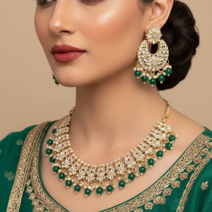 Emerald green kundan bridal necklace set with earrings and maang tikka
