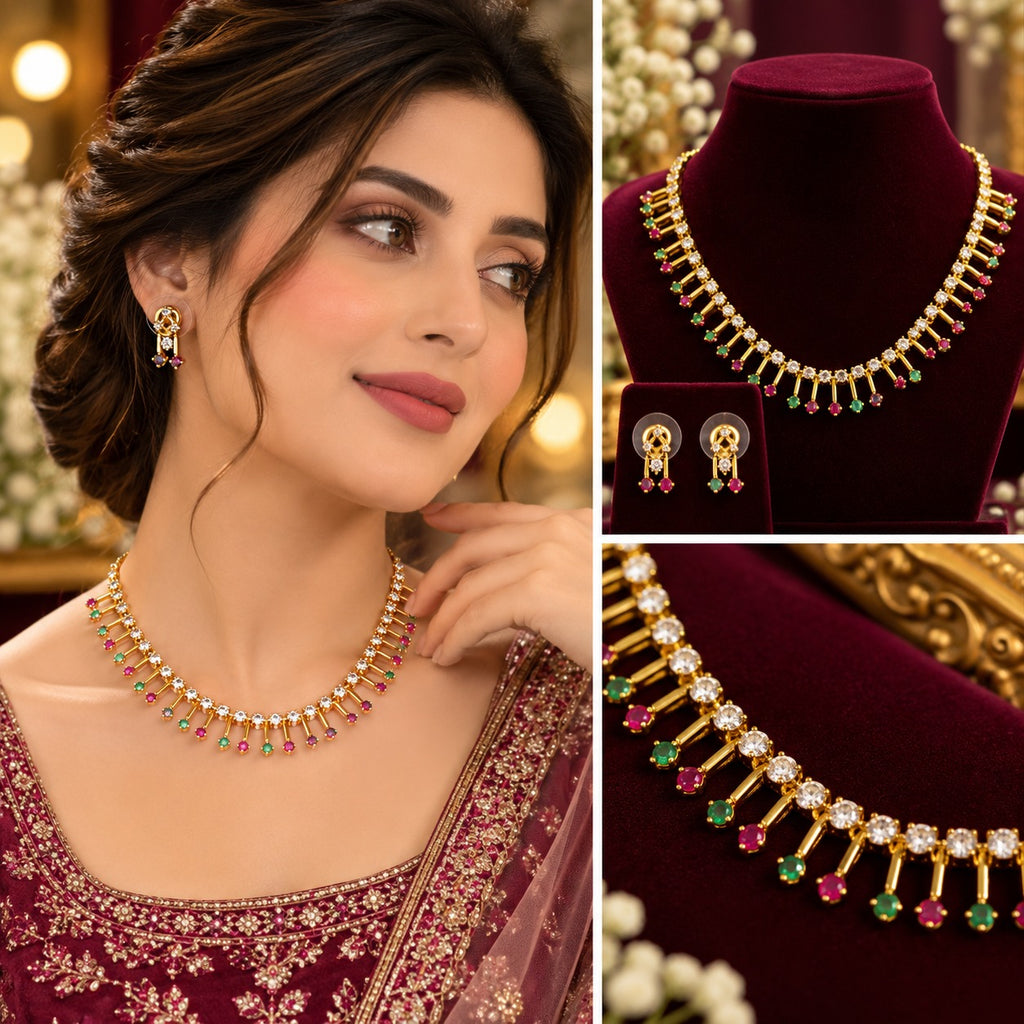 Gold-tone South Indian necklace aur matching earrings with clear, pink and green stones