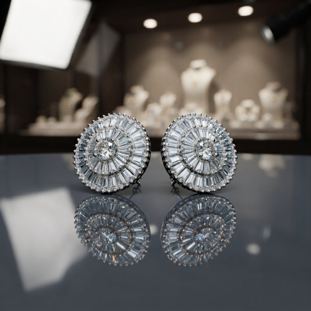 Model wearing round gold-tone cubic zirconia stud earrings with a sunburst halo design.