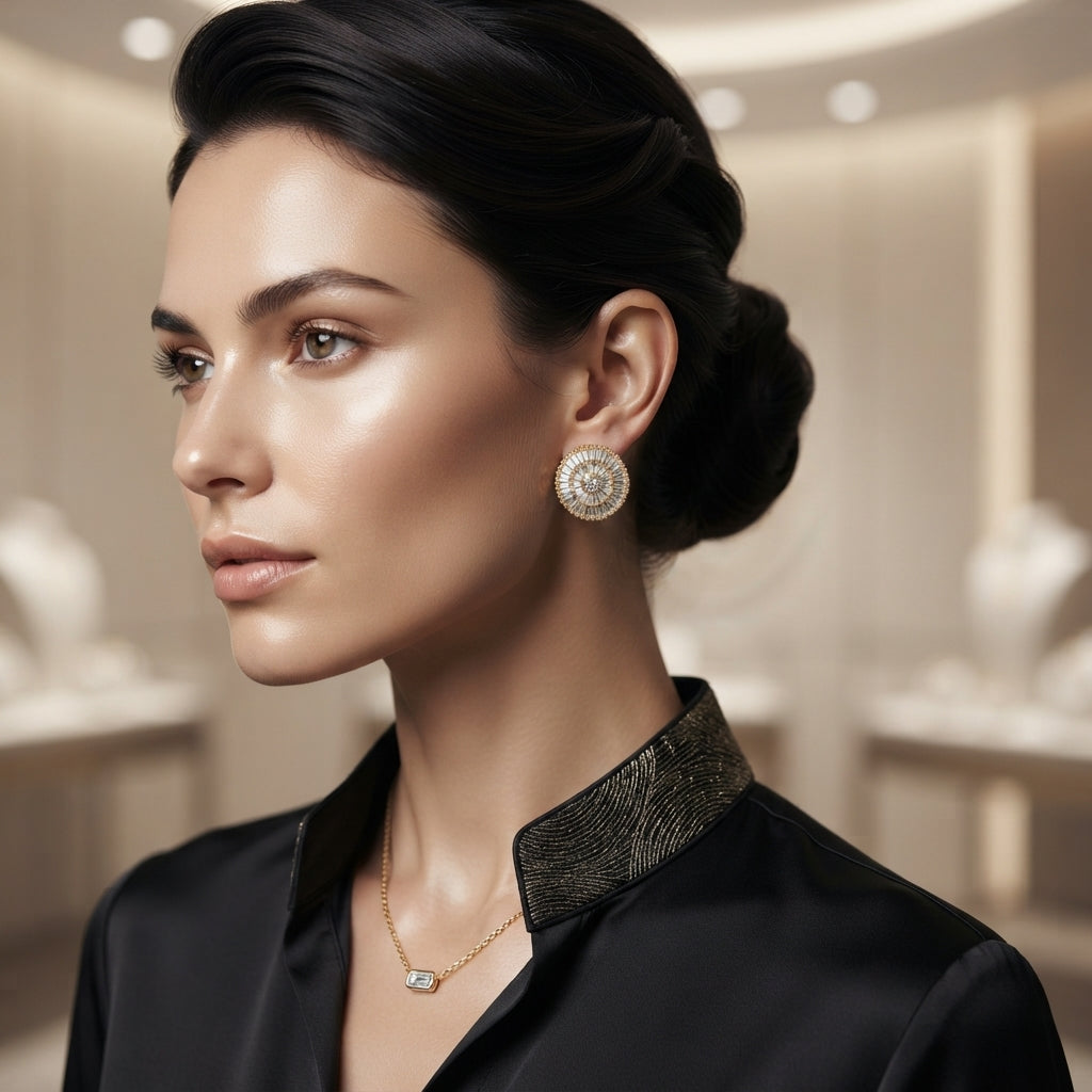 Pair of round gold-tone cubic zirconia stud earrings with a central stone and radiating halo rows.
