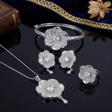Silver-Tone CZ Rose Flower 4-Piece Jewelry Set — Necklace, Earrings, Ring & Bangle
