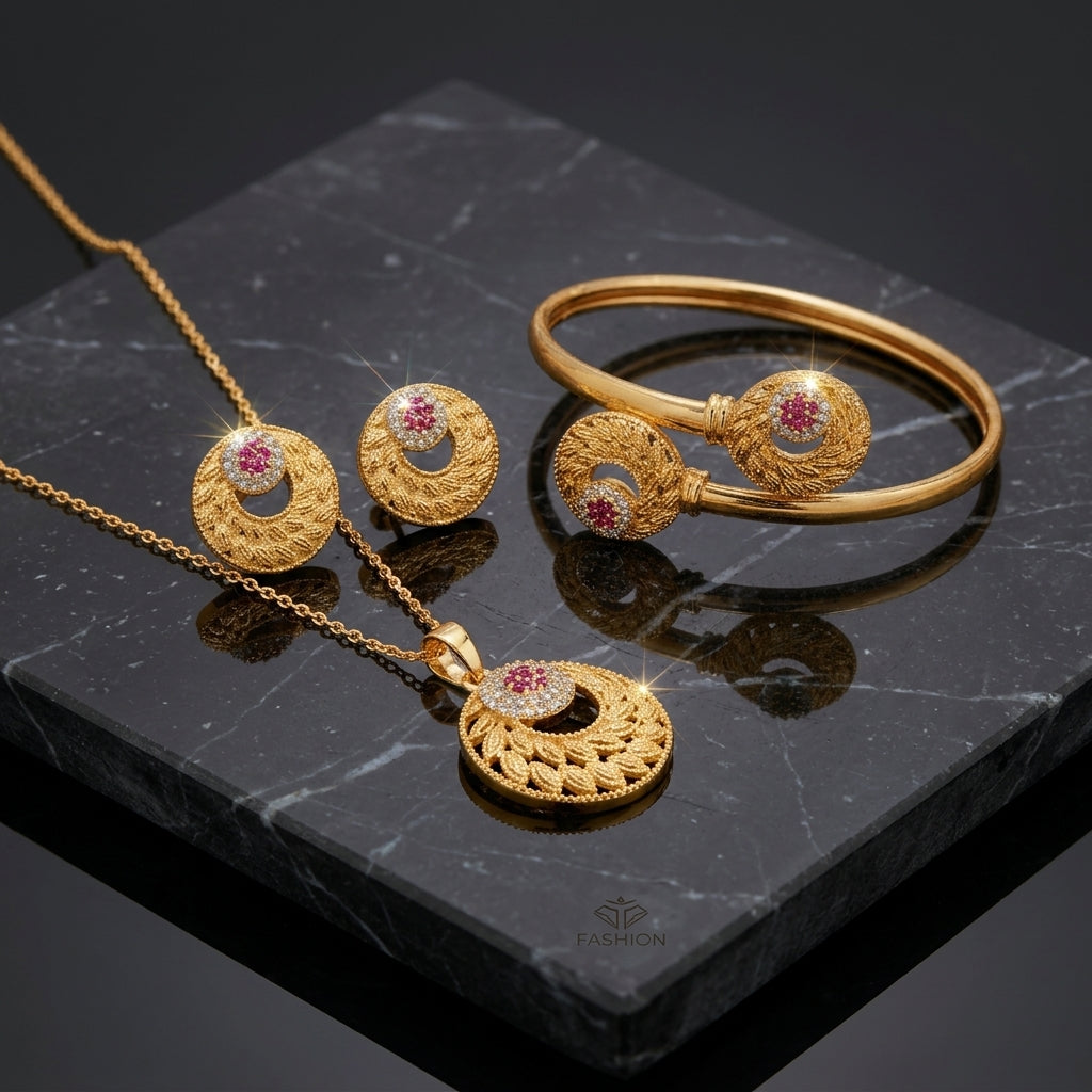 Gold-Tone Pink CZ Crescent Leaf Jewelry Set — Necklace, Earrings & Bangle
