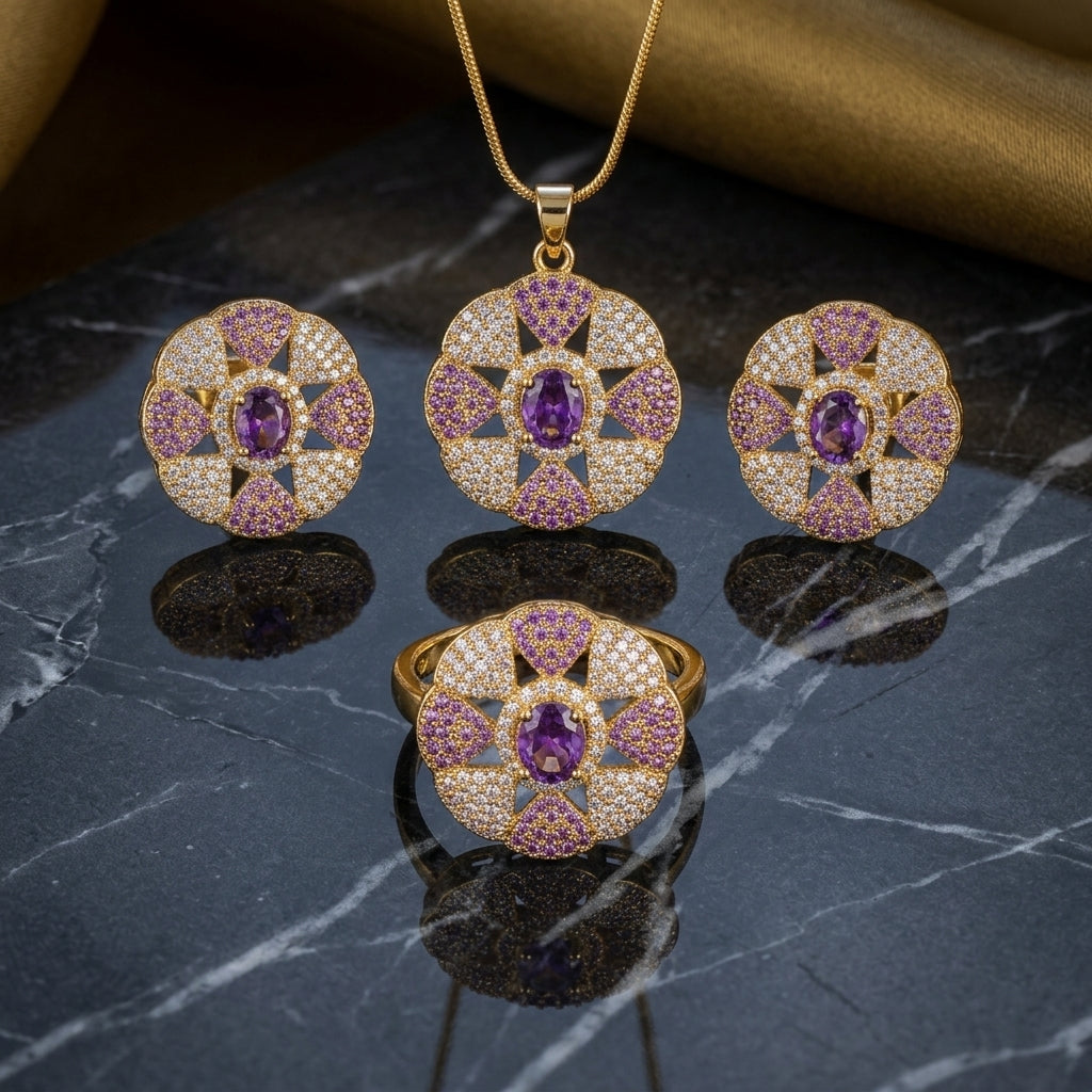 Gold-Tone Floral Cluster Jewelry Set - Black CZ
