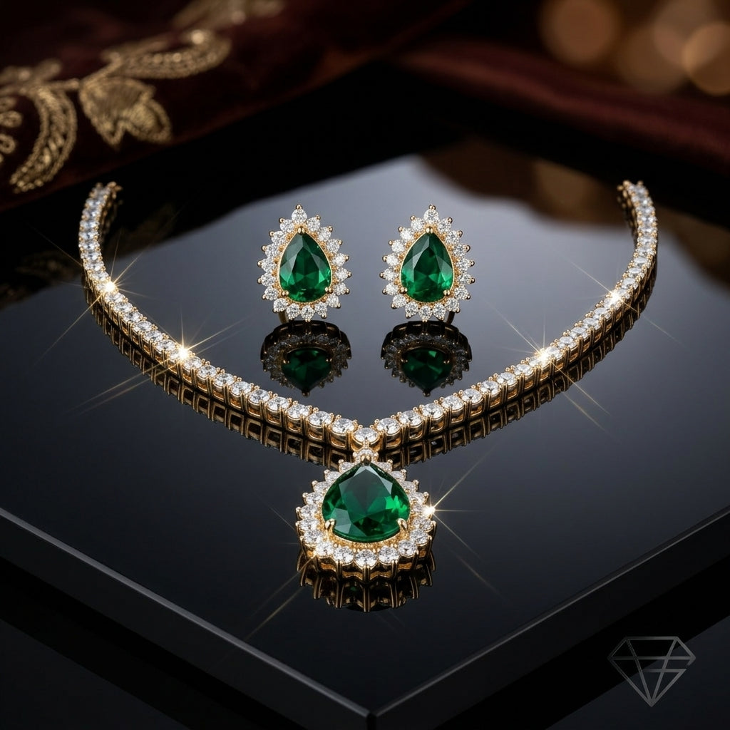 Emerald Green CZ Diamond Drop Necklace & Earrings Set