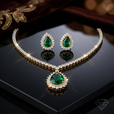 Emerald Green CZ Diamond Drop Necklace & Earrings Set