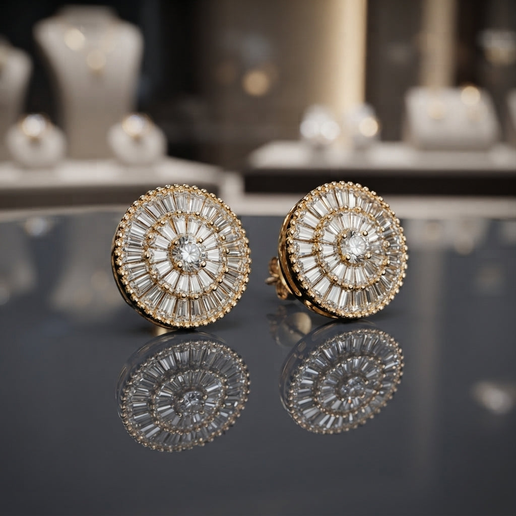 Pair of round silver-tone cubic zirconia stud earrings with a central stone and radiating halo rows.