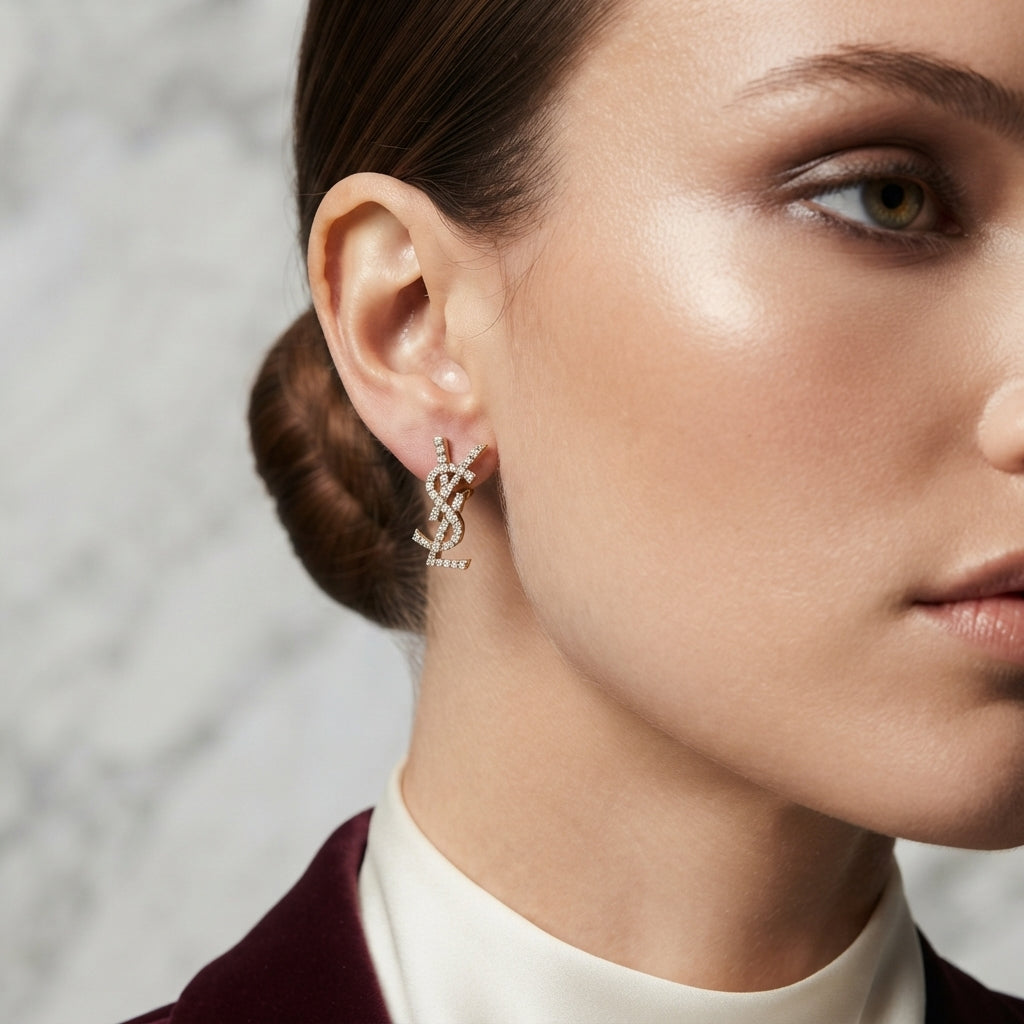 Micro Pavé CZ Monogram Letter Stud Earrings in silver-tone plating worn on model ear with marble background and grey blazer showing full CZ encrusted monogram letter design