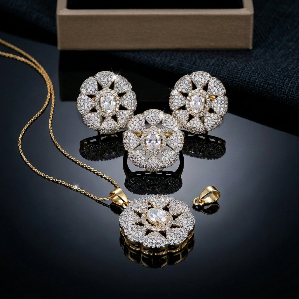 Gold-Tone Floral Cluster Jewelry Set - White/Silver CZ