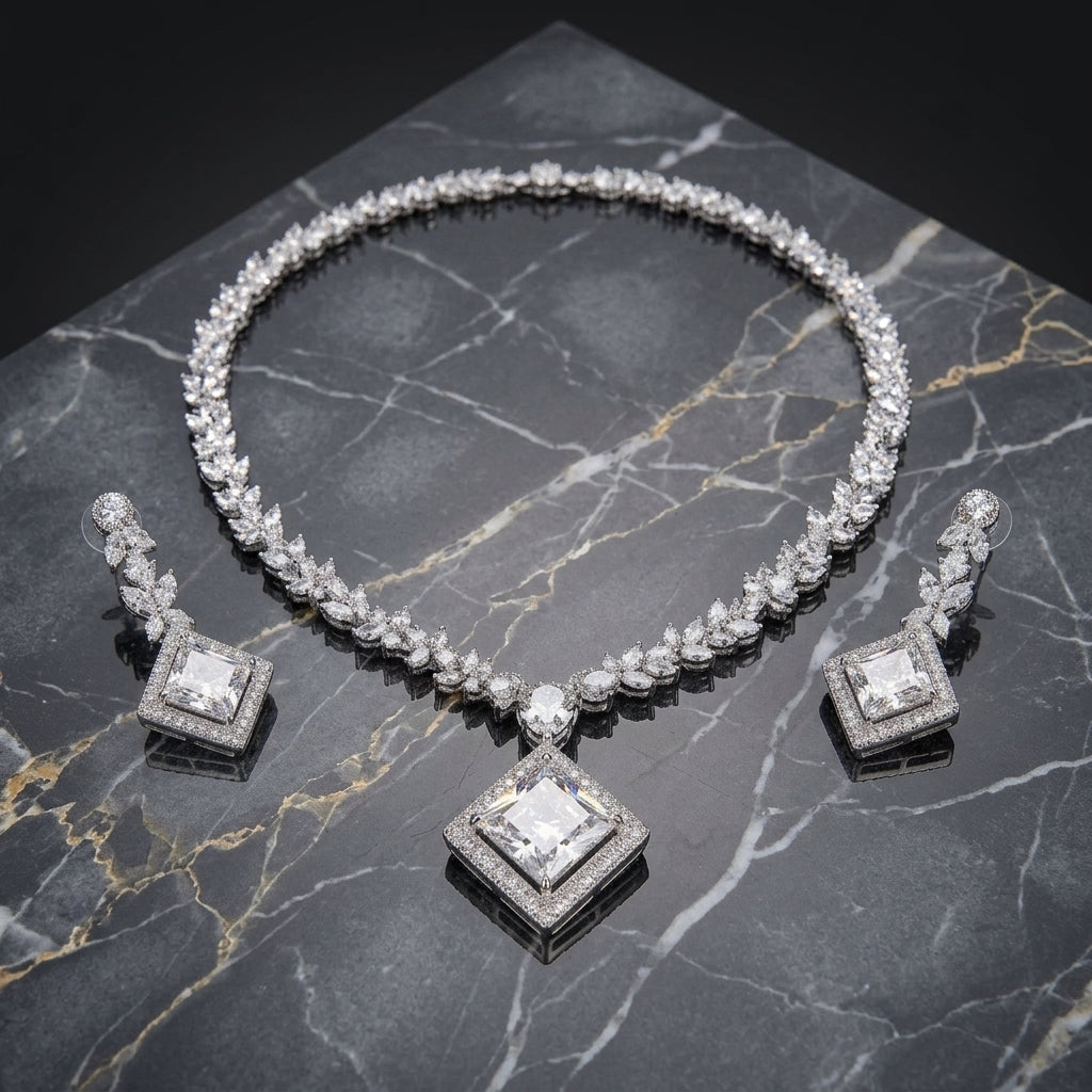 Princess Cut Diamond-Shape Pavé Halo Pendant Necklace Set