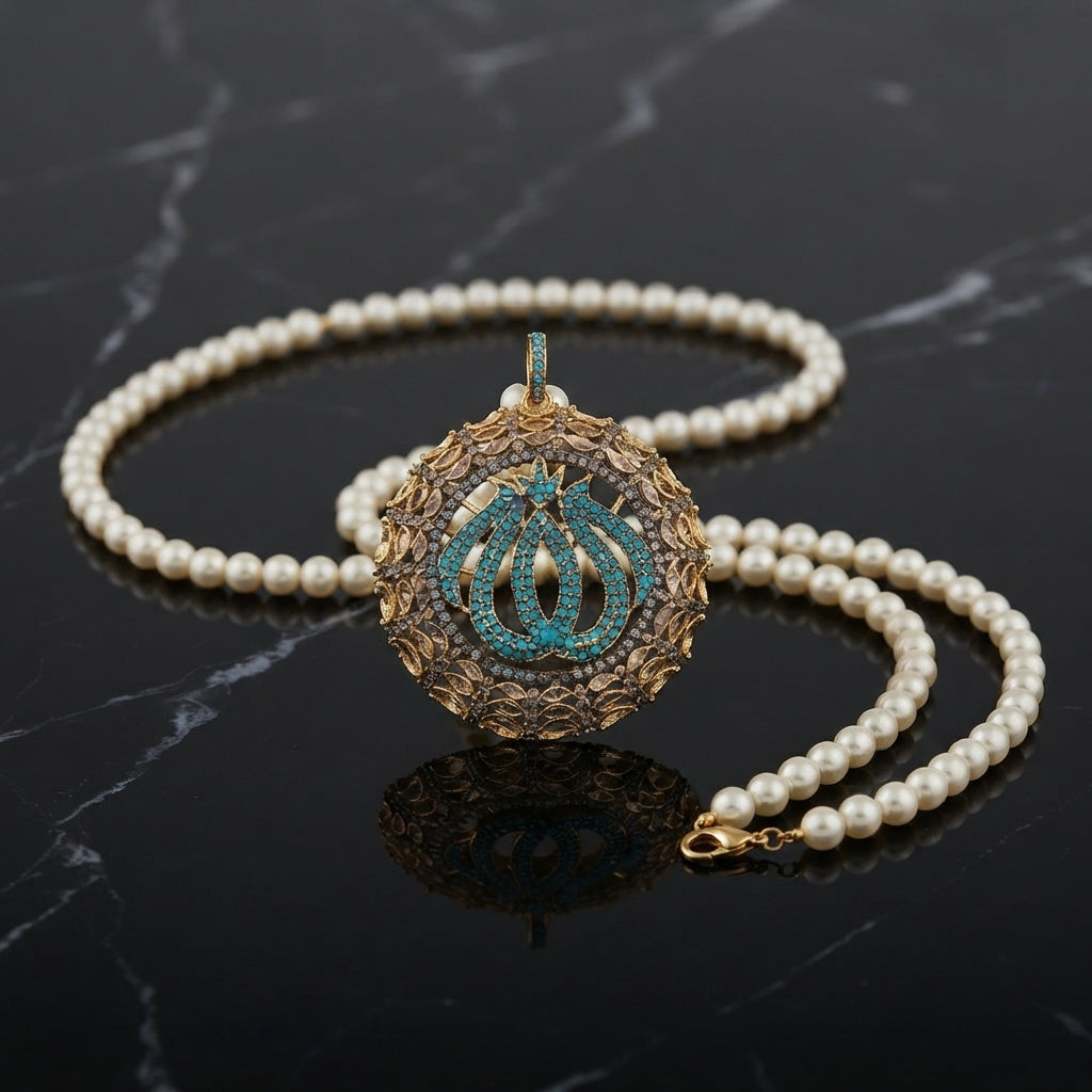 Gold Allah Calligraphy Pearl Necklace