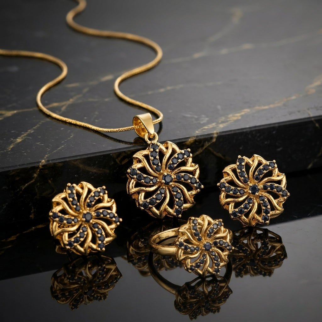 Gold-Tone Black CZ Sunflower Jewelry Set — Necklace, Earrings & Ring