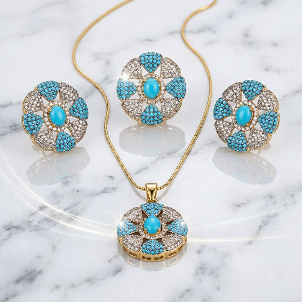 Gold-Tone Floral Cluster Jewelry Set - Turquoise