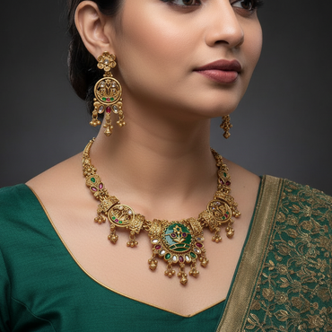 Woman wearing gold jewelry with a dark background
