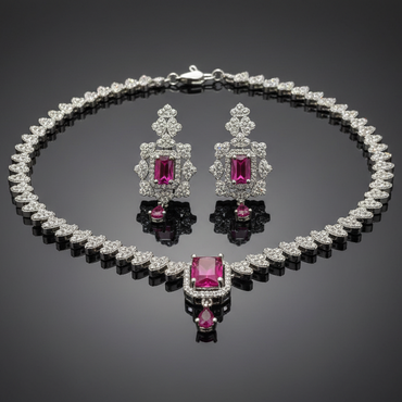 Jewelry set with necklace and earrings featuring pink gemstones on a reflective surface.