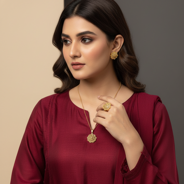 Woman wearing a maroon top with gold jewelry against a neutral background