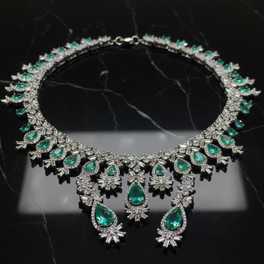 American Diamond Green Stone Bridal Necklace Set – Luxury Wedding Jewelry Pakistan