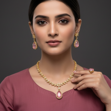 American Diamond Pink Stone Gold Necklace Set – Bridal Jewelry Pakistan