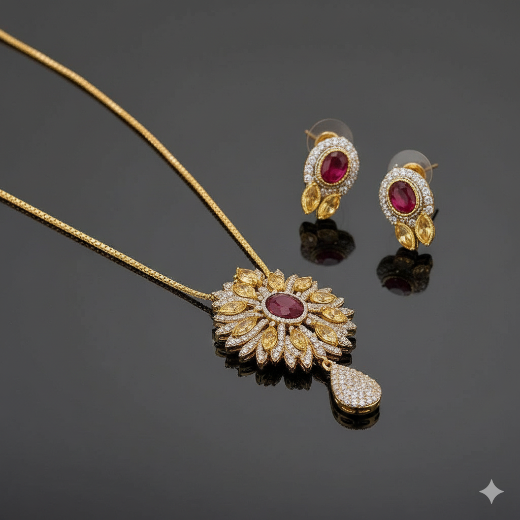 American Diamond Red Stone Pendant Set – Gold Bridal Jewelry Pakistan
