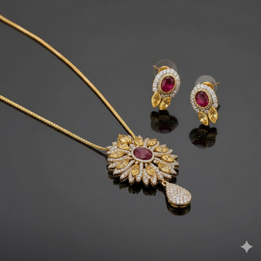 American Diamond Red Stone Pendant Set – Gold Bridal Jewelry Pakistan
