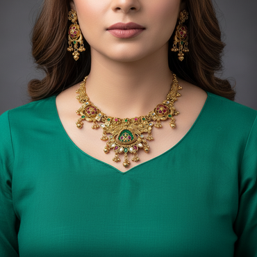Woman wearing a gold necklace and earrings on a dark background