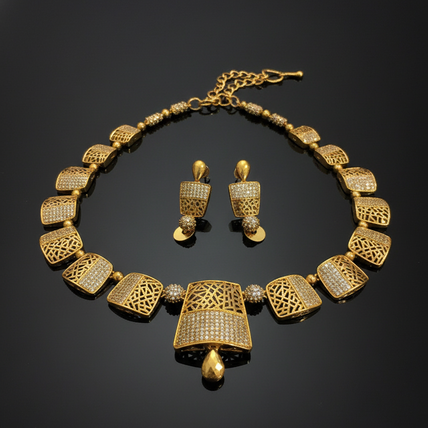 Gold necklace and earrings set on a black background