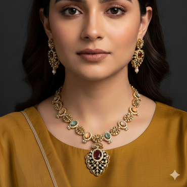 Woman wearing gold jewelry with a dark background