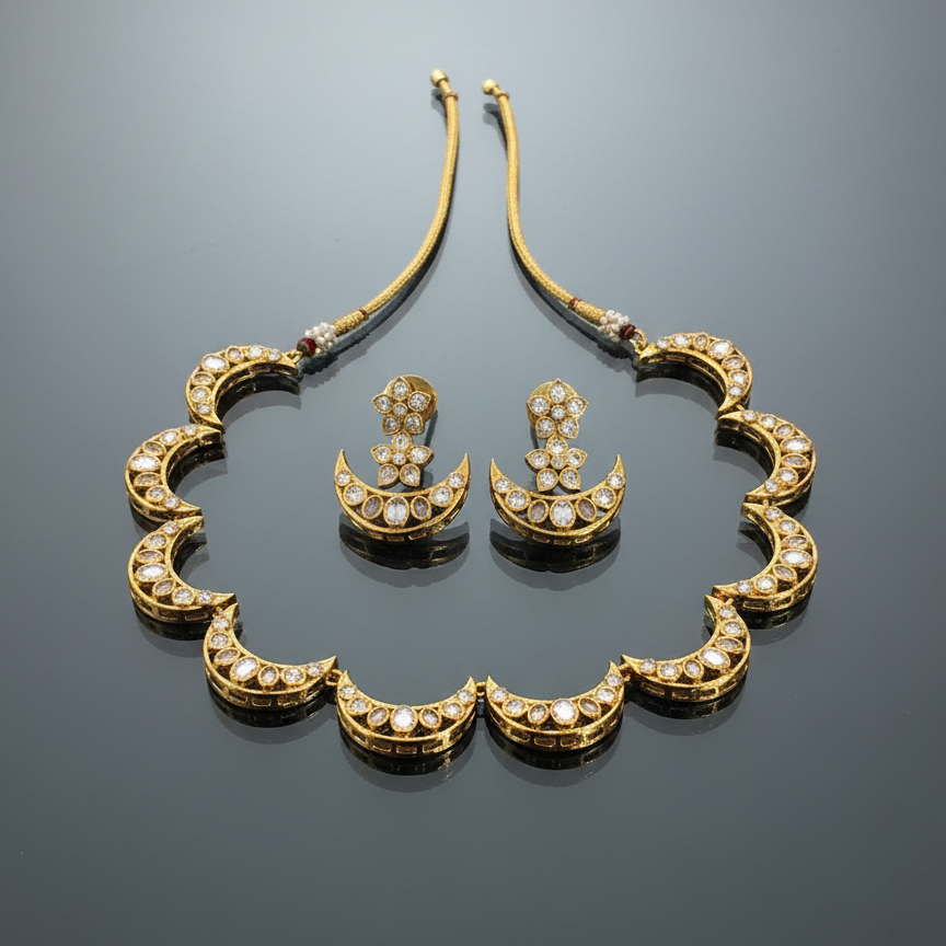 Gold necklace and earrings set on a reflective surface
