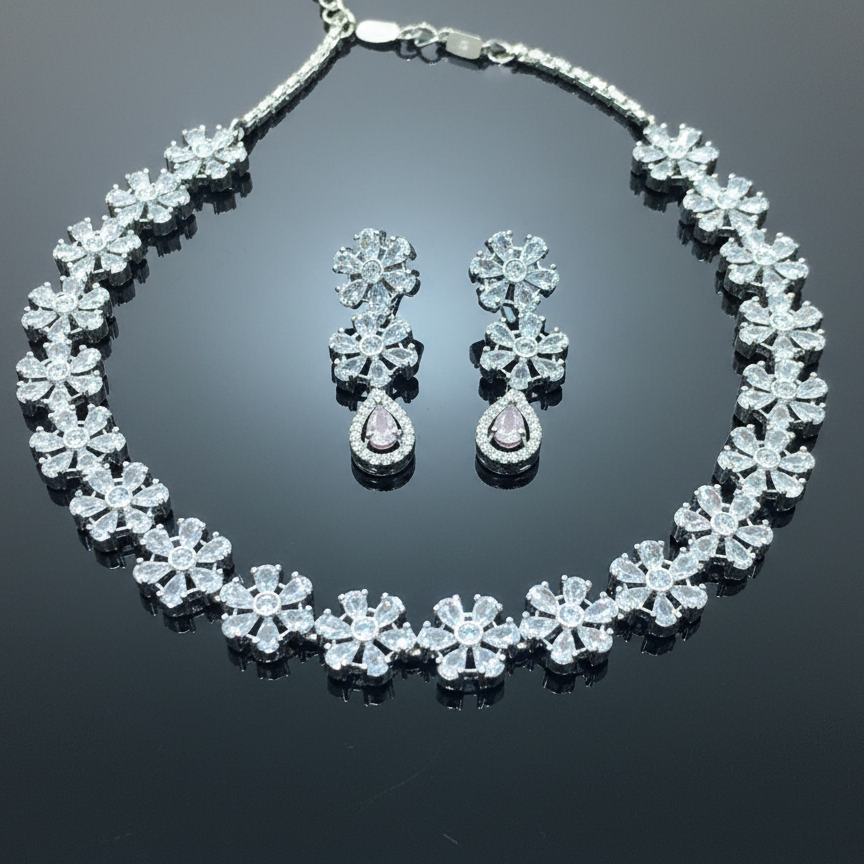 Floral American Diamond Necklace Set – Elegant Wedding Jewelry Pakistan