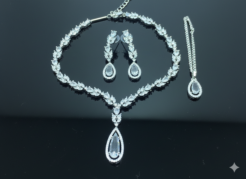 Luxe Silver Teardrop Zircon Bridal Necklace Set – Premium Pakistani Wedding Jewelry