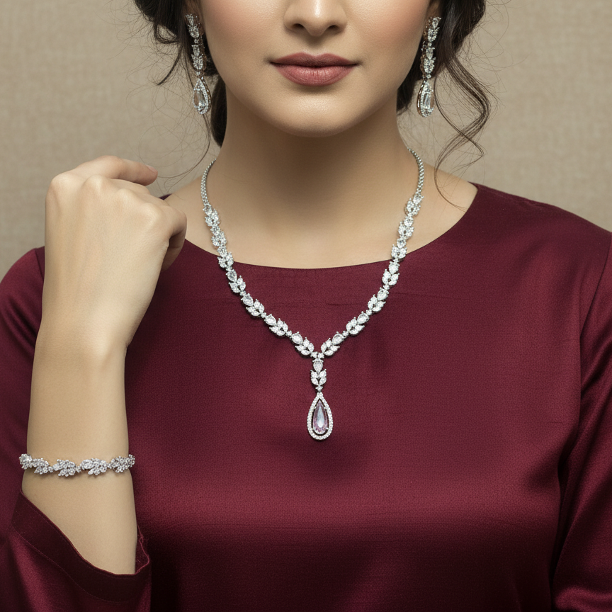 Luxe Silver Teardrop Zircon Bridal Necklace Set – Premium Pakistani Wedding Jewelry