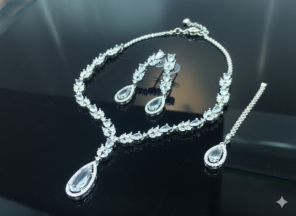 Luxe Silver Teardrop Zircon Bridal Necklace Set – Premium Pakistani Wedding Jewelry