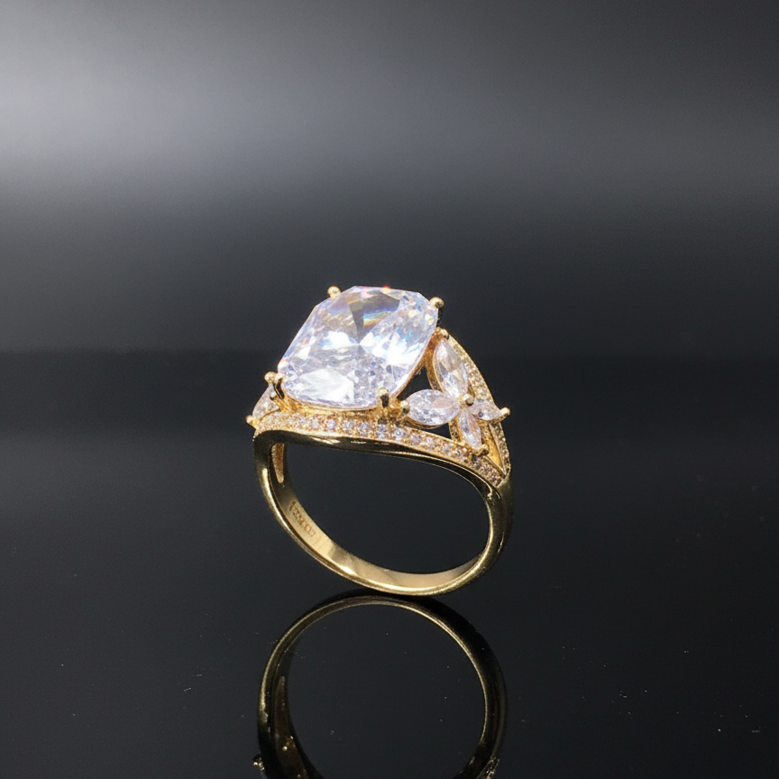 Gold ring with a large diamond on a black background
