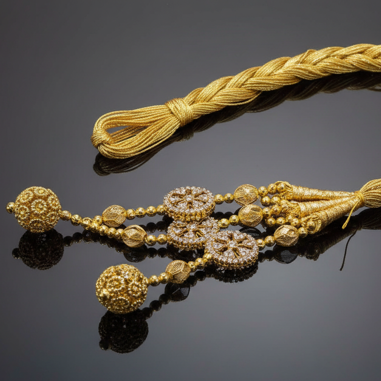 Gold jewelry with braided cord on a black background