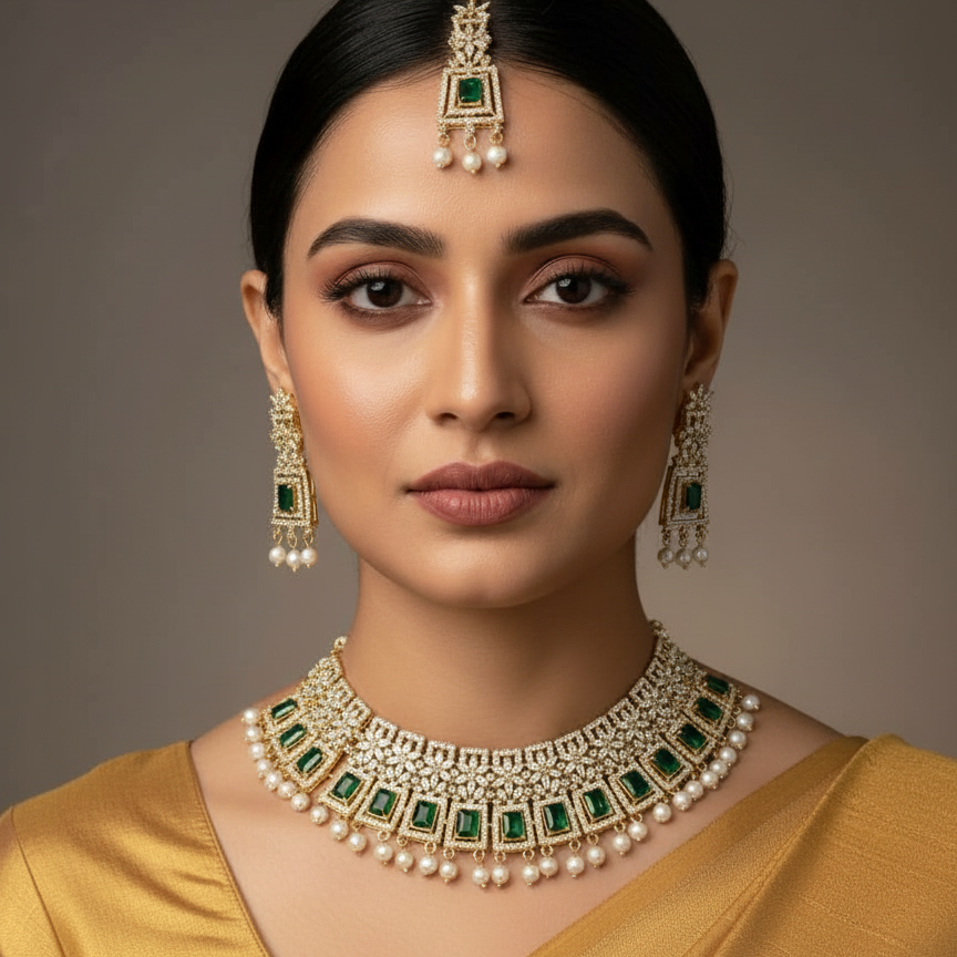 Traditional Emerald Bridal Choker Necklace Set with Earrings & Maang Tikka
