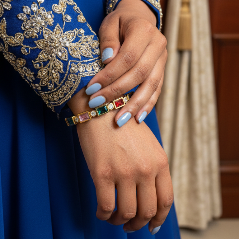 Close-up of a hand wearing a ring and bracelet with a blue dress and embroidered sleeves in the background.