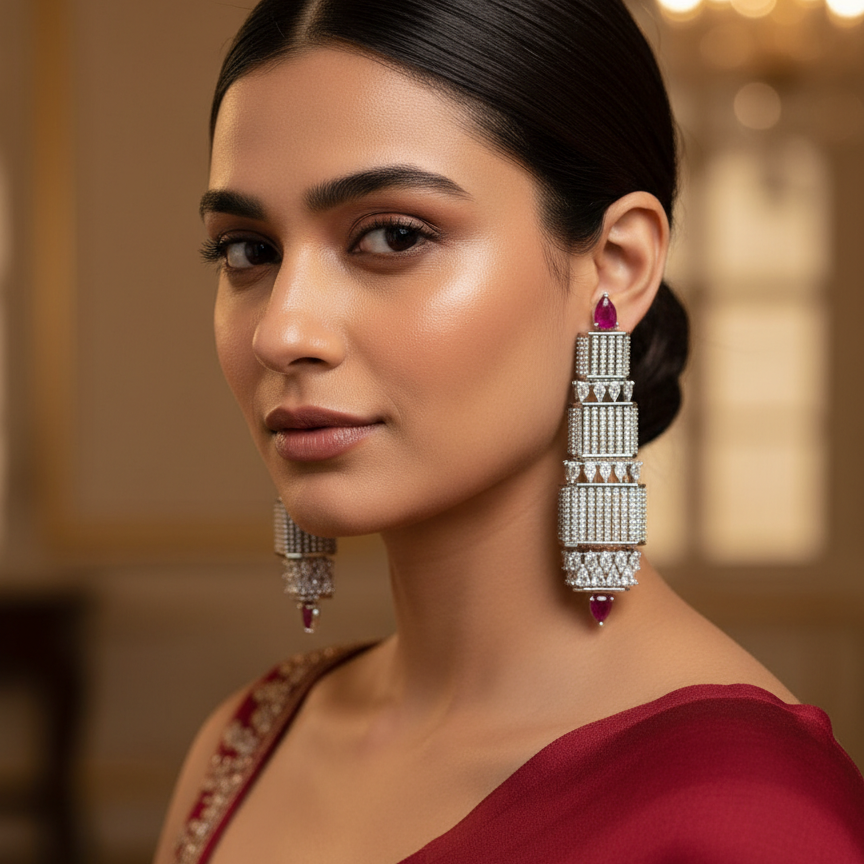 Woman wearing a maroon saree with large, ornate earrings in an elegant indoor setting.