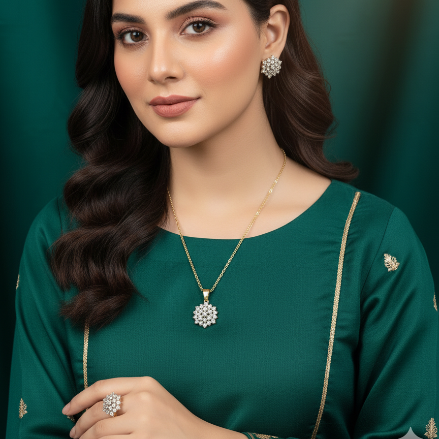 Woman wearing a green traditional outfit with jewelry against a green background