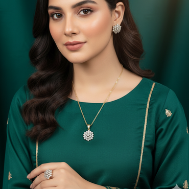 Woman wearing a green traditional outfit with jewelry against a green background