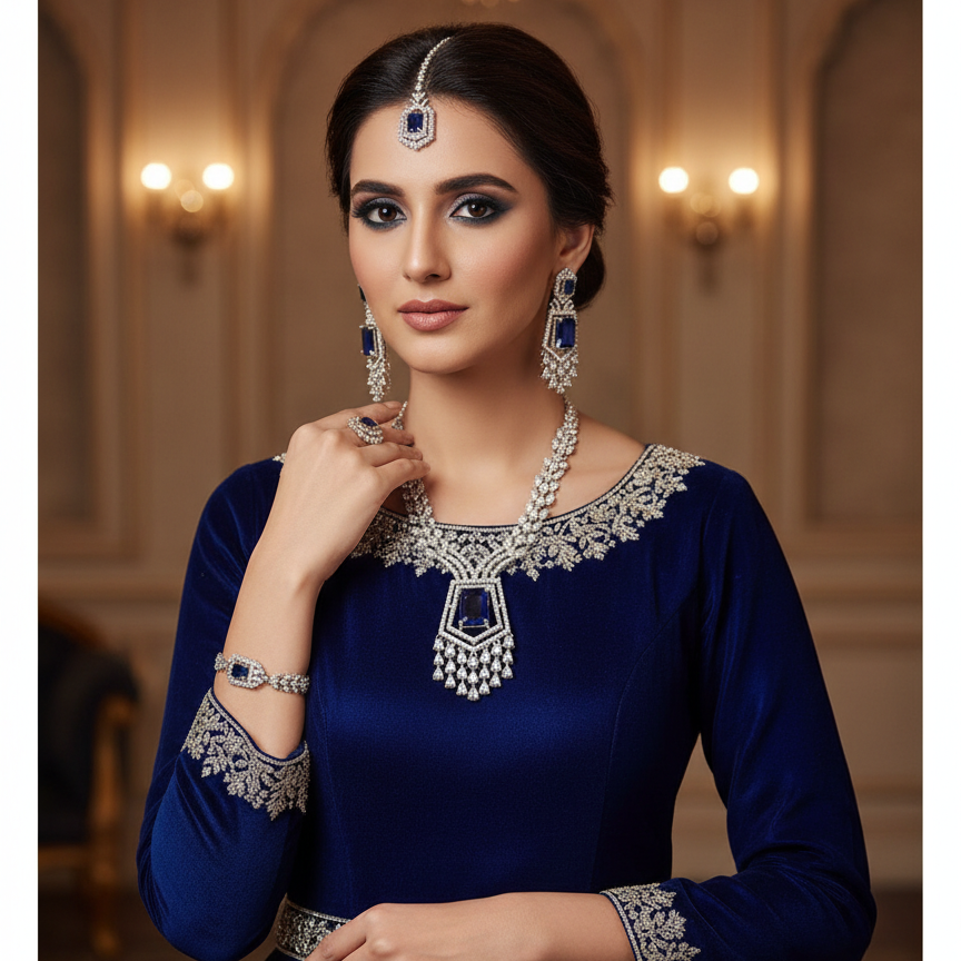 Royal blue American diamond bridal necklace and earrings set
