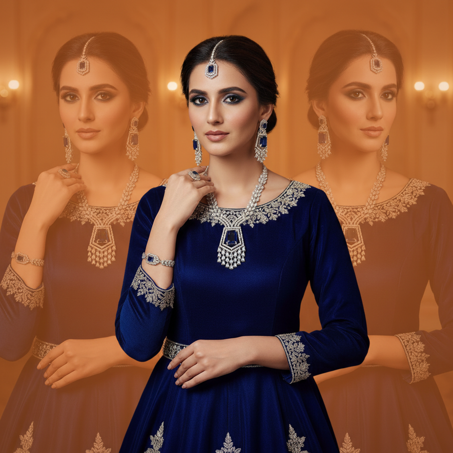 Royal blue American diamond bridal necklace and earrings set
