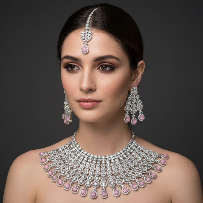 American diamond pink bridal choker necklace earrings and tikka set
