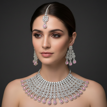 American diamond pink bridal choker necklace earrings and tikka set
