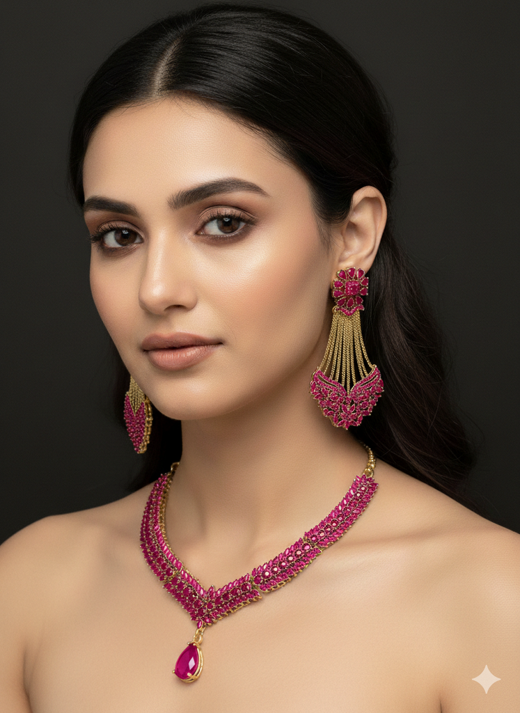 Luxury gold plated necklace set with real stones – available in green, blue, pink and black