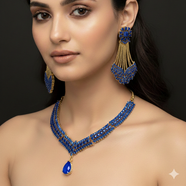 Luxury gold plated necklace set with real stones – available in green, blue, pink and black