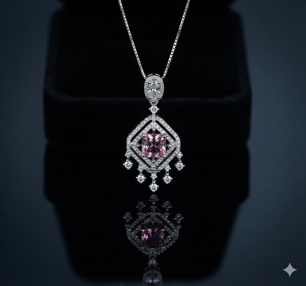 Pink Princess Cut Sterling Silver Pendant Necklace with CZ Halo & Tassel Drops