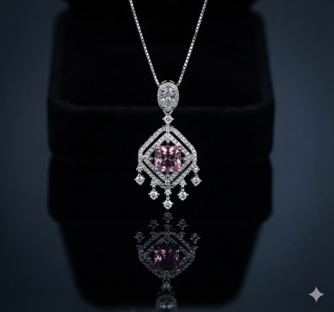 Pink Princess Cut Sterling Silver Pendant Necklace with CZ Halo & Tassel Drops