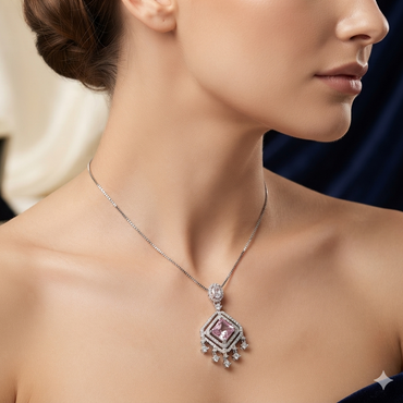 Pink Princess Cut Sterling Silver Pendant Necklace with CZ Halo & Tassel Drops