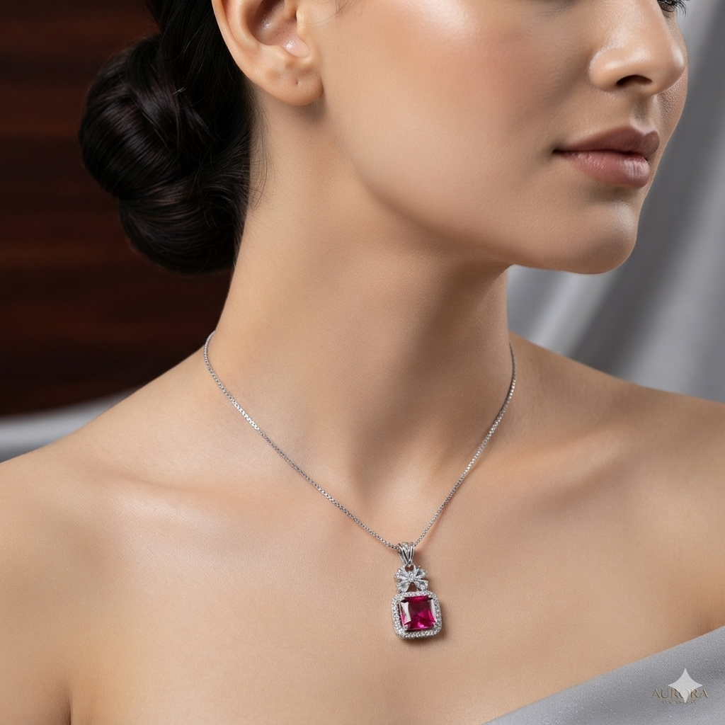 Fuchsia Pink Square Cut Pendant Necklace with Bow Motif & Zircon Halo