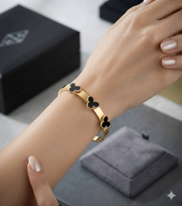 Gold Black Onyx Butterfly Bangle
